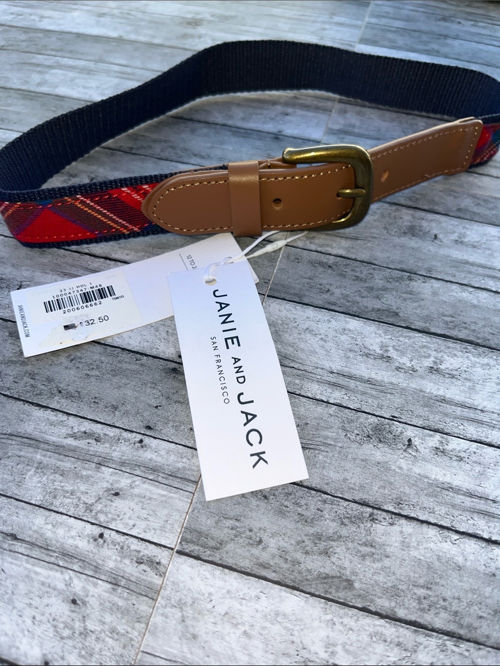 Janie and Jack Red Plaid Web Belt with Tan Leather Trim and Brass Buckle